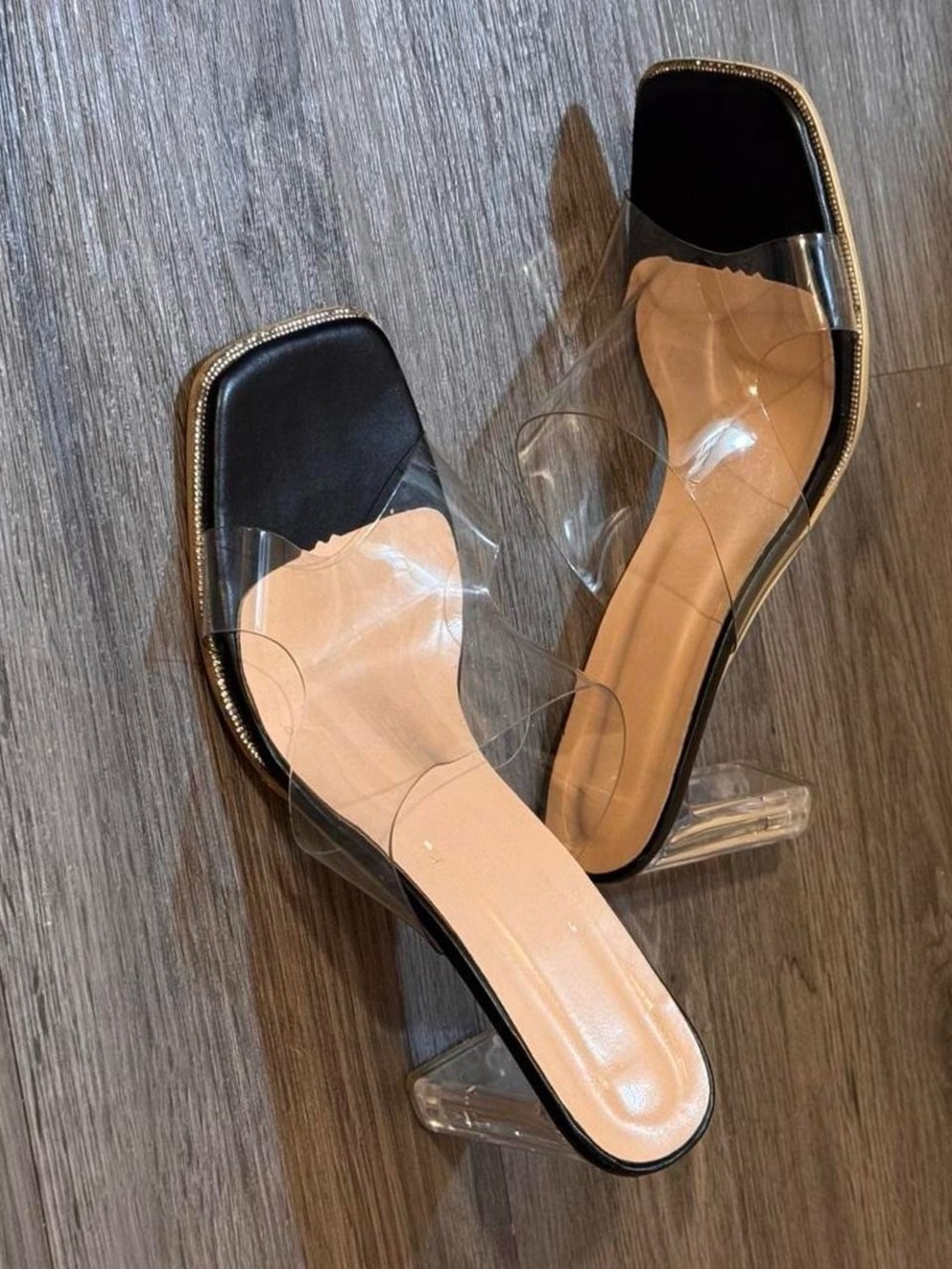 Women's Black Clear-Strap Mule Heels